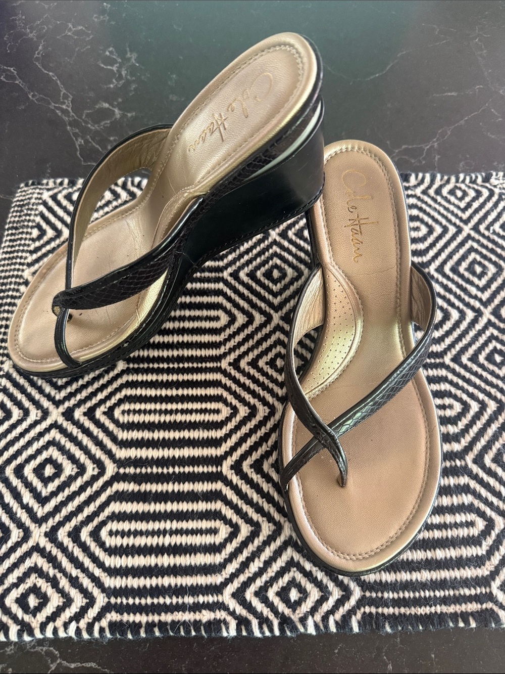 ColeHaan and Nike Air limited edition Black Wedge Thong Sandals with Tan Footbed